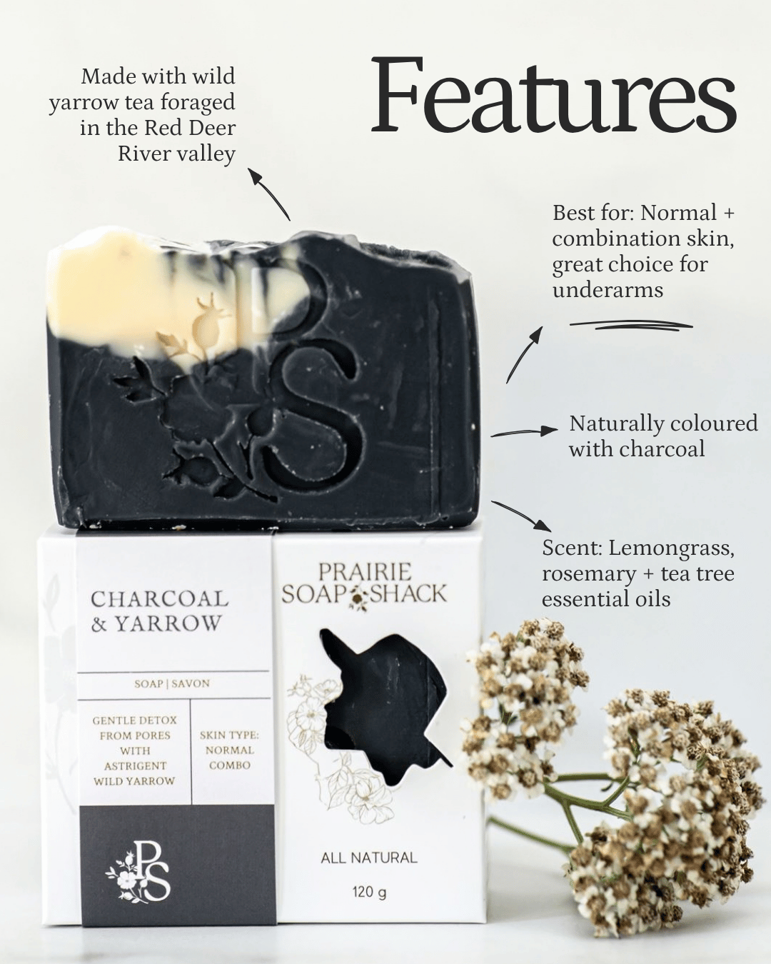 Charcoal &amp; Yarrow Soap with Lemongrass, Rosemary and Tea Tree