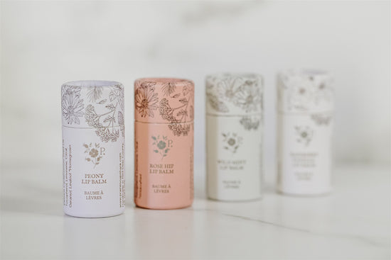 Lip Balm Four-Pack with Rose Hip, Raspberry Vanilla, Peony + Wild Mint