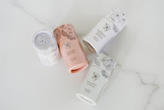 Lip Balm Four-Pack with Rose Hip, Raspberry Vanilla, Peony + Wild Mint